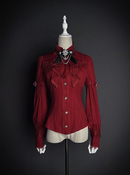 Ruffled Tie Bow Lace and Red with Neckline Lolita Blouse Long-sleeved Details