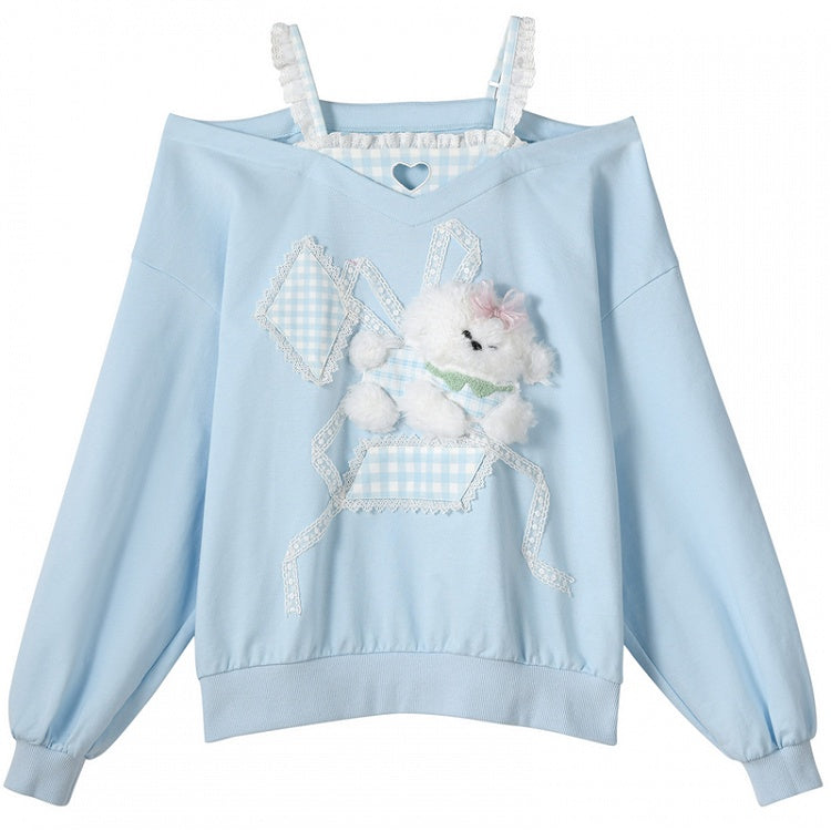 Zweiteiliger Top mit Cut-Out-Schulter und Kunstplüsch, Welpenspitze, verziert mit blauem Karomuster