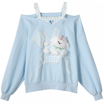 Zweiteiliger Top mit Cut-Out-Schulter und Kunstplüsch, Welpenspitze, verziert mit blauem Karomuster