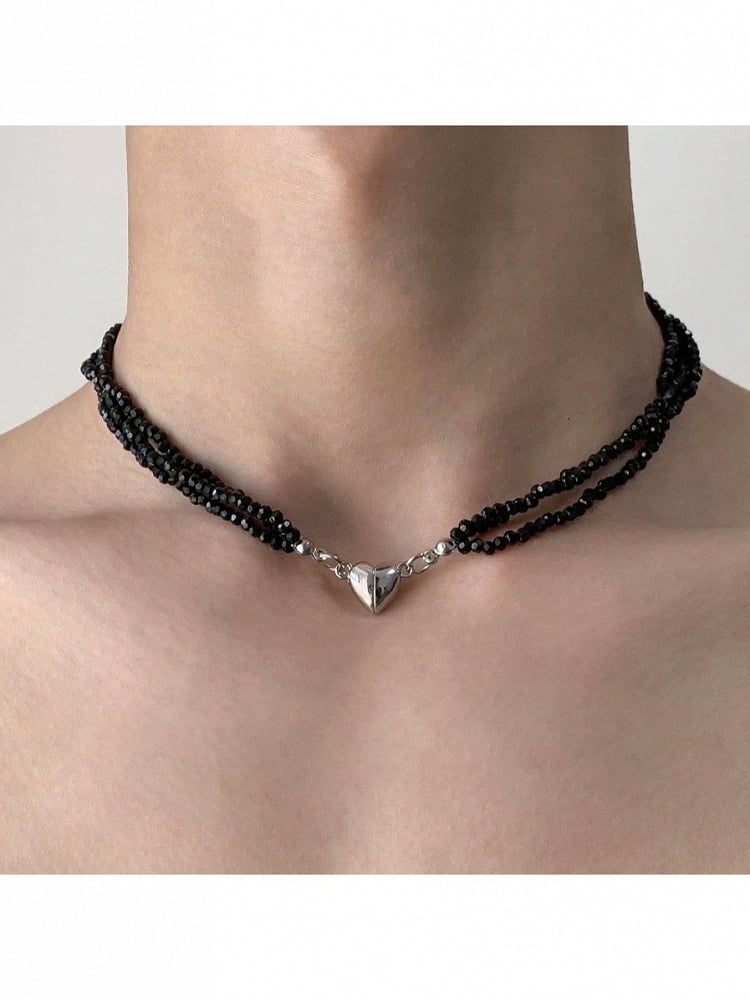 Obsidian Bead Necklace with Silver Heart Charm - YSHXS