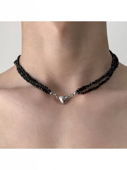 Obsidian Bead Necklace with Silver Heart Charm - YSHXS