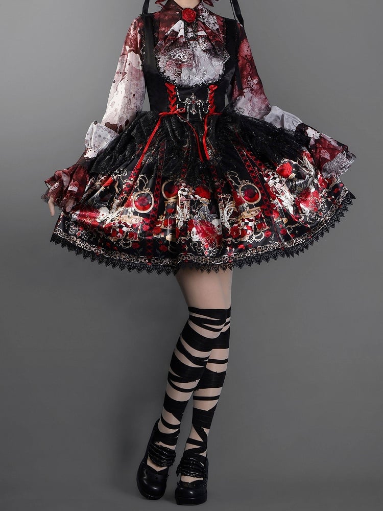 Bust Skull Short Gothic Spider Red and Under Rosette Lolita JSK Overlay with Dress Print Web