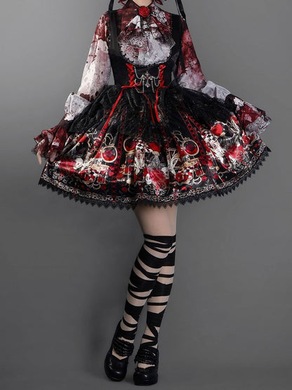 Bust Skull Short Gothic Spider Red and Under Rosette Lolita JSK Overlay with Dress Print Web