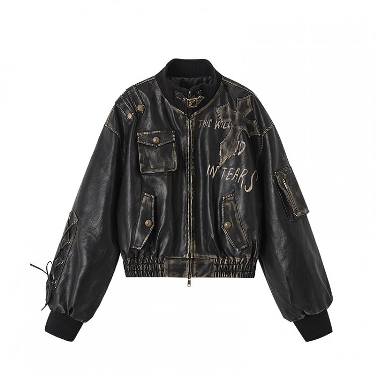 Cross Applique Black Punk Jacket with Lace-up Detail at Sleeve