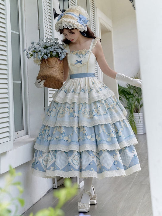 Classic Lolita Blue Skirt Dress Daisy Basket Tiered Jumper Floral Print and Flower