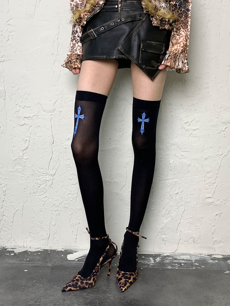 Black/White Y2K Cross Overknee Stockings
