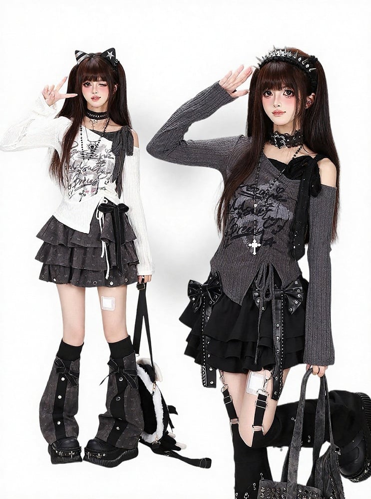 Y2K Dark Gray Off-Shoulder Long Sleeve Top with Graffiti Print, Hem Slit & Drawstring Details - CRAZY GIRL
