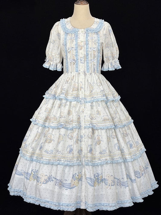 Robe lolita cottagecore à volants étagés imprimé fleurs bleues et agneaux - Miss Point