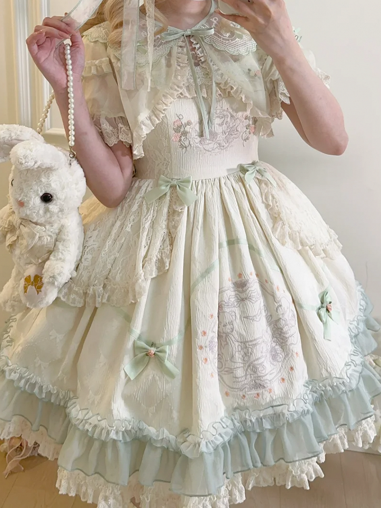 花柄ウエストハイスカート テディ刺繍ジャンパー ロリータと布の蝶結び