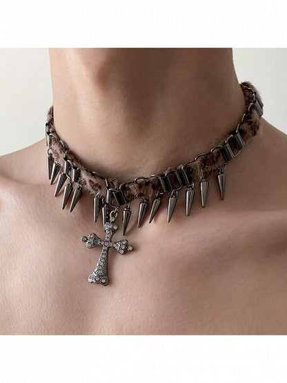 Leopard Print Punk Choker with Spikes & Cross - YSHXS