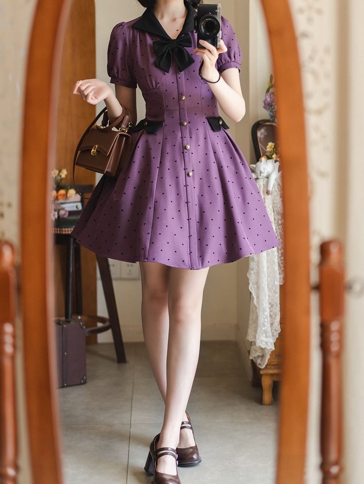 Muster Schwarz Lila Kleid Kleine Retro Ärmeln Puff Herz-förmigen Mode