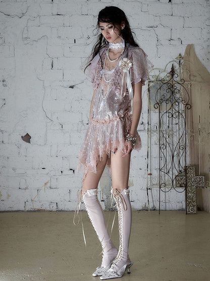 Dusty Pink Chiffon Cropped Top with Lace & Ruffle Trim - Romantic Punk Style