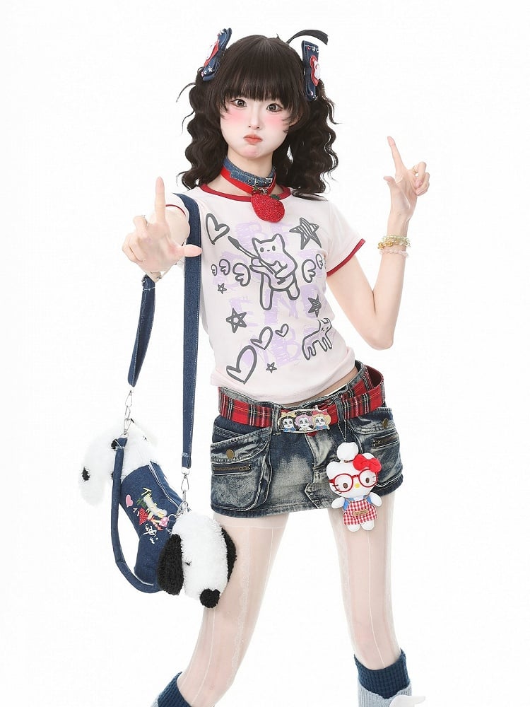 Pink Crew Neck Short Sleeve T-Shirt with Graffiti Prints - Languid Park