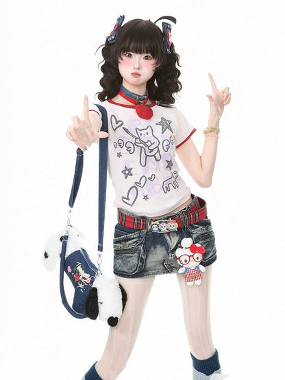Pink Crew Neck Short Sleeve T-Shirt with Graffiti Prints - Languid Park