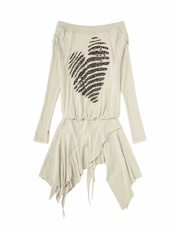 Wasteland Punk – Beiges, asymmetrisches Kleid mit Leopardenmuster und Herzmotiv und langen Ärmeln