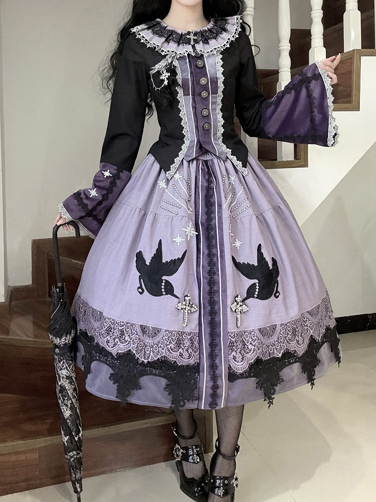 Purple Long Black Skirt Crow Patch Lolita Set + Top Wicthy Gothic