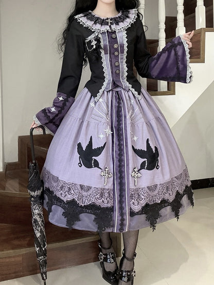 Purple Long Black Skirt Crow Patch Lolita Set + Top Wicthy Gothic