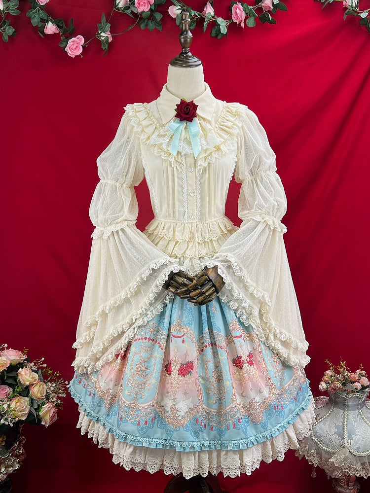 Blue Elegant Corset Belt High Waist Floral and Moon Lolita Skirt