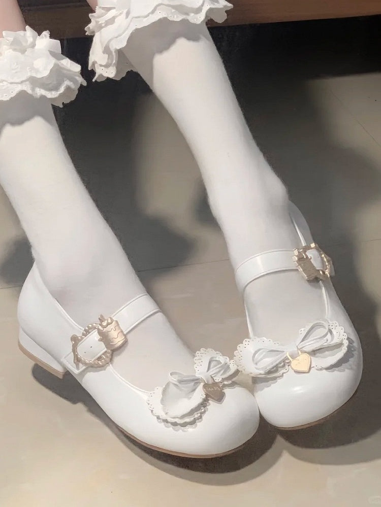 Cake White Buckle Heart Sweet Low-Heel Janes Lolita Multilayer Bow Top - Mary