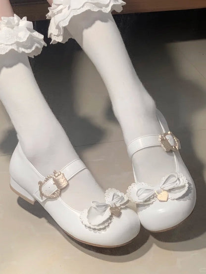 Cake White Buckle Heart Sweet Low-Heel Janes Lolita Multilayer Bow Top - Mary
