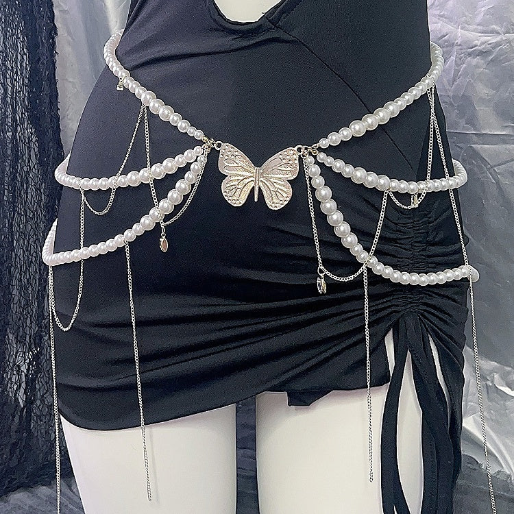 蝶の白いウエストチェーン、ビーズで飾られた