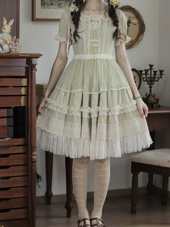 Green Square Neck Lace OP Dress - Tiny Garden