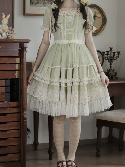 Green Square Neck Lace OP Dress - Tiny Garden