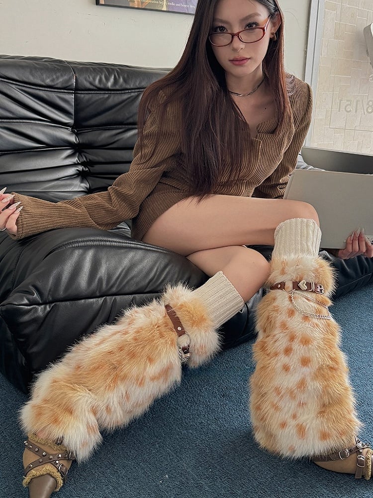 Rosa/Staubblau/Gelb Y2K Schnallenriemen Shaggy Beinwärmer