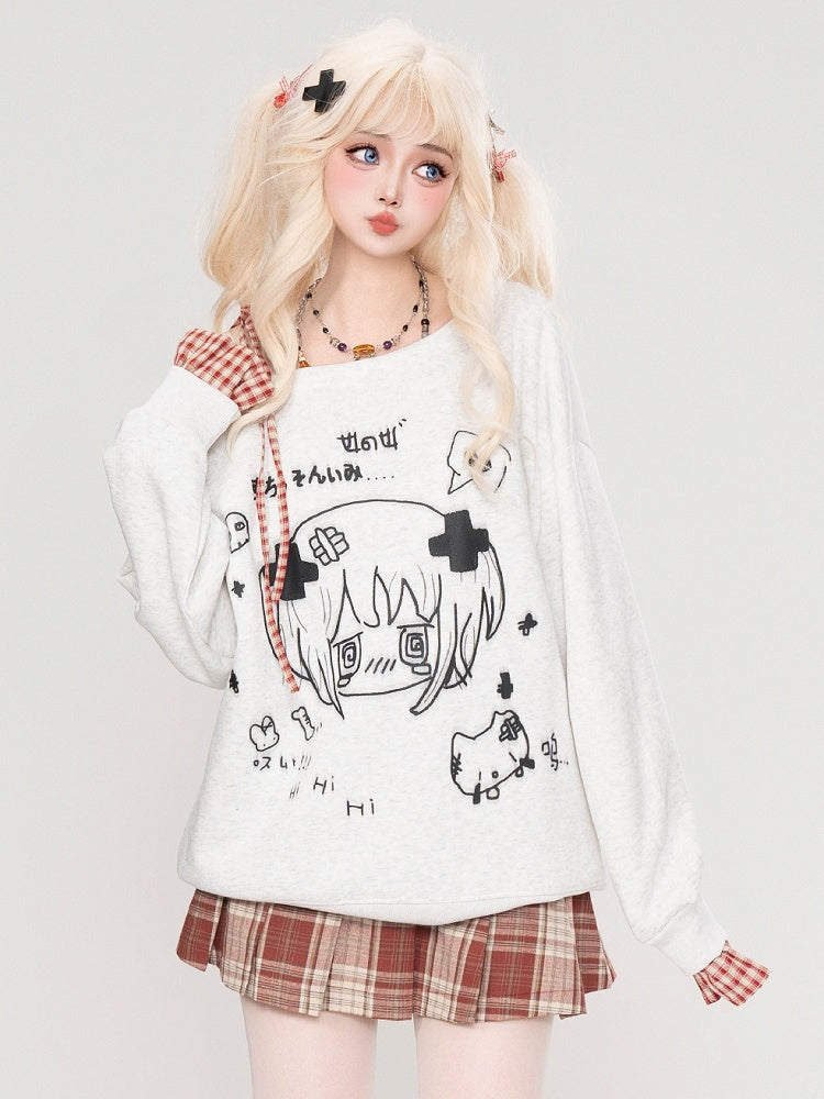 Black/White Asymmetrical Neckline Yami Kawaii Top Plaid Cuffs