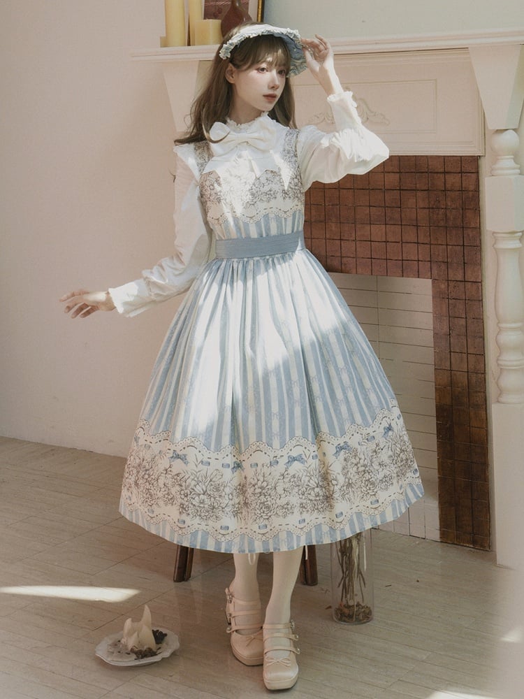 Version Jumper and Lolita Skirt Print Blue Classic Floral Clock Long