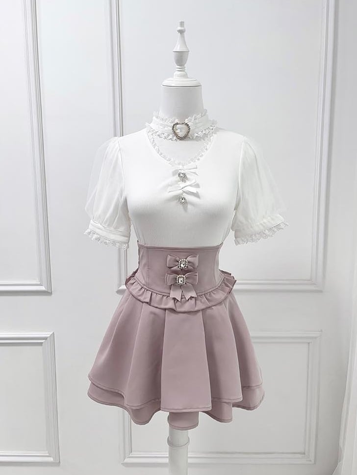 Jirai Kei Blouse Decoration Choker Design White Bowknot and Rhinestone