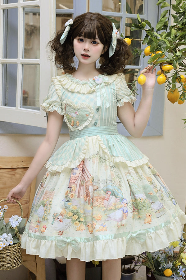 Lolita Short Duckling Sunflower Sweet Print and Sleeves Dress