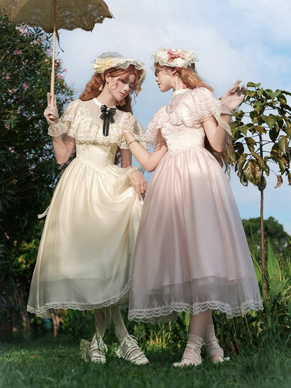 Lolita Stück Elegantes Illusionshals-Taillenkleid Baskenrosa Ein Edward-Ausschnitt