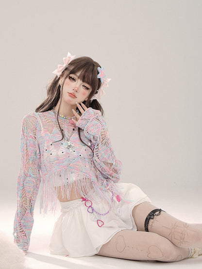 Colerful Hollow-Out Knit Top with Distress Trim One-Shoulder