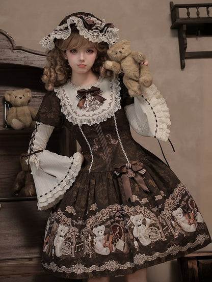 Vintage Doll Style Brown Short Sleeve OP Dress with Bear Symphony Print - Twin Bear Original Design