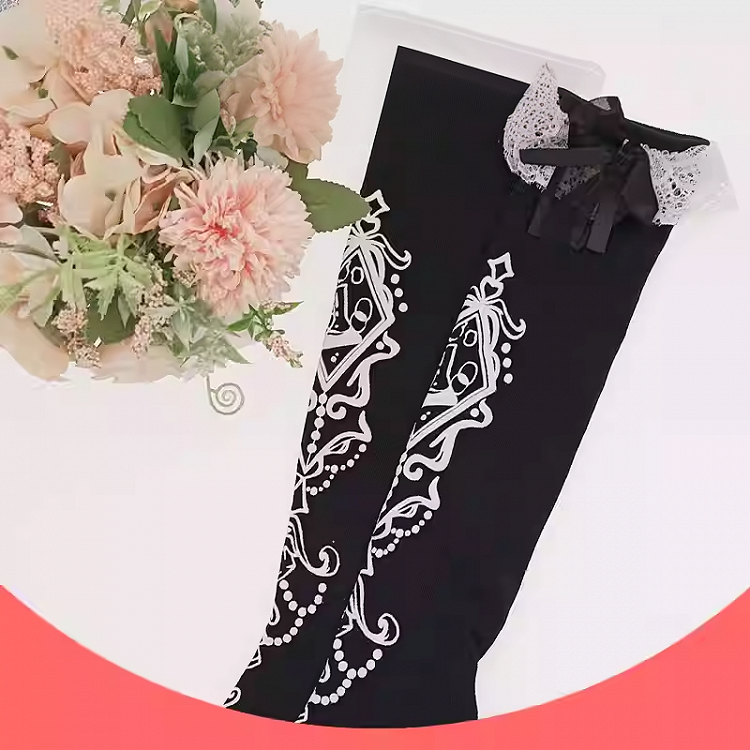 黒のフリル付きレースカフプリントロリータ膝下ストッキング