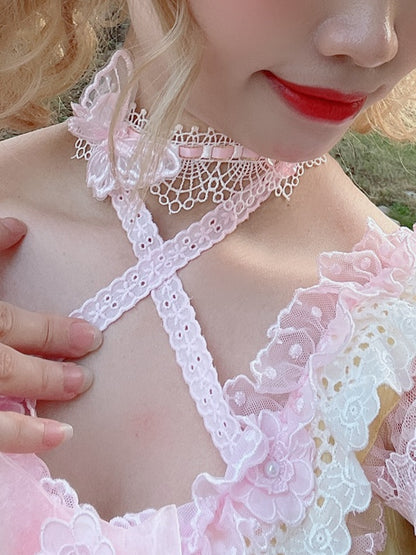 Schmetterling verziert rosaweiß Lolita Choker Trim Spitze süß
