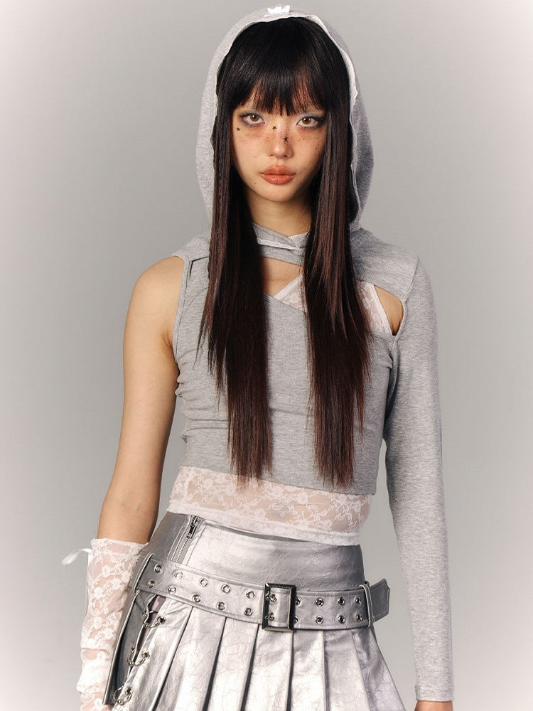 Cropped Gray with Sleeves Chest Asymmetrical Hood Hoodie Cutout Lace-Trimmed