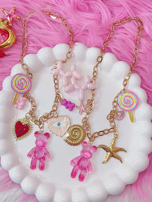 Golden Eye Necklace Y2K Candy Dog Heart Bear Starfish/Evil Chain Balloon With Charms