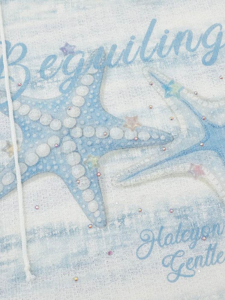 Blue Off Shoulder Long Sleeve Top with Starfish Print & Rhinestone Details - Languid Park