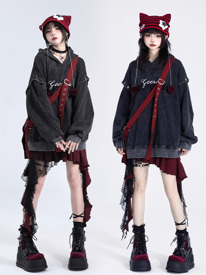 Detachable Sleeves with Black Hoodie Lettering Embroidered Vintage