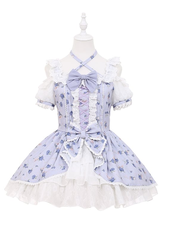 OP Neck Sweet Lolita Kleid Lila Hortensien Druck Offene Schulter Neckholder Licht