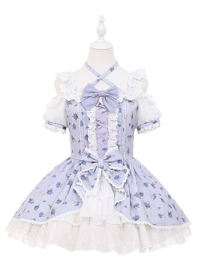 OP Neck Sweet Lolita Kleid Lila Hortensien Druck Offene Schulter Neckholder Licht