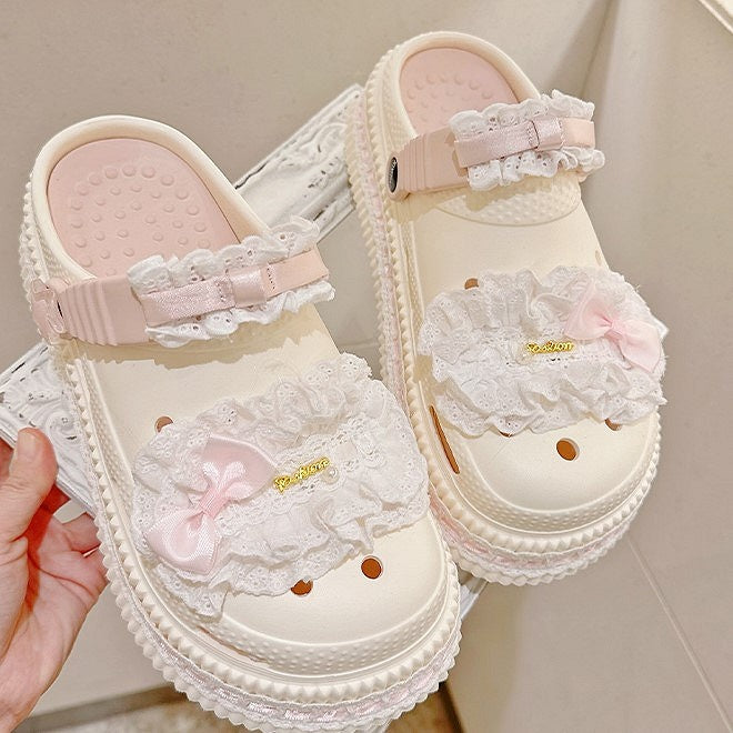 Details Bow Beige - Pink Clogs Sweet Lolita