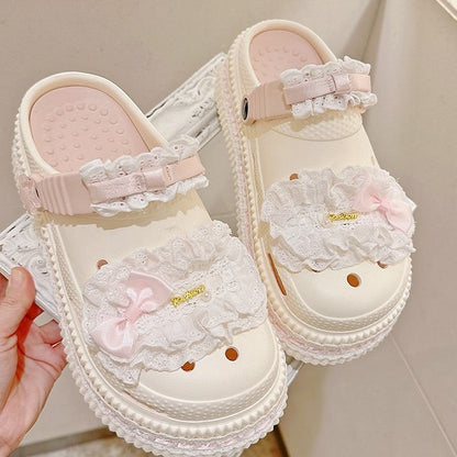 Details Bow Beige - Pink Clogs Sweet Lolita