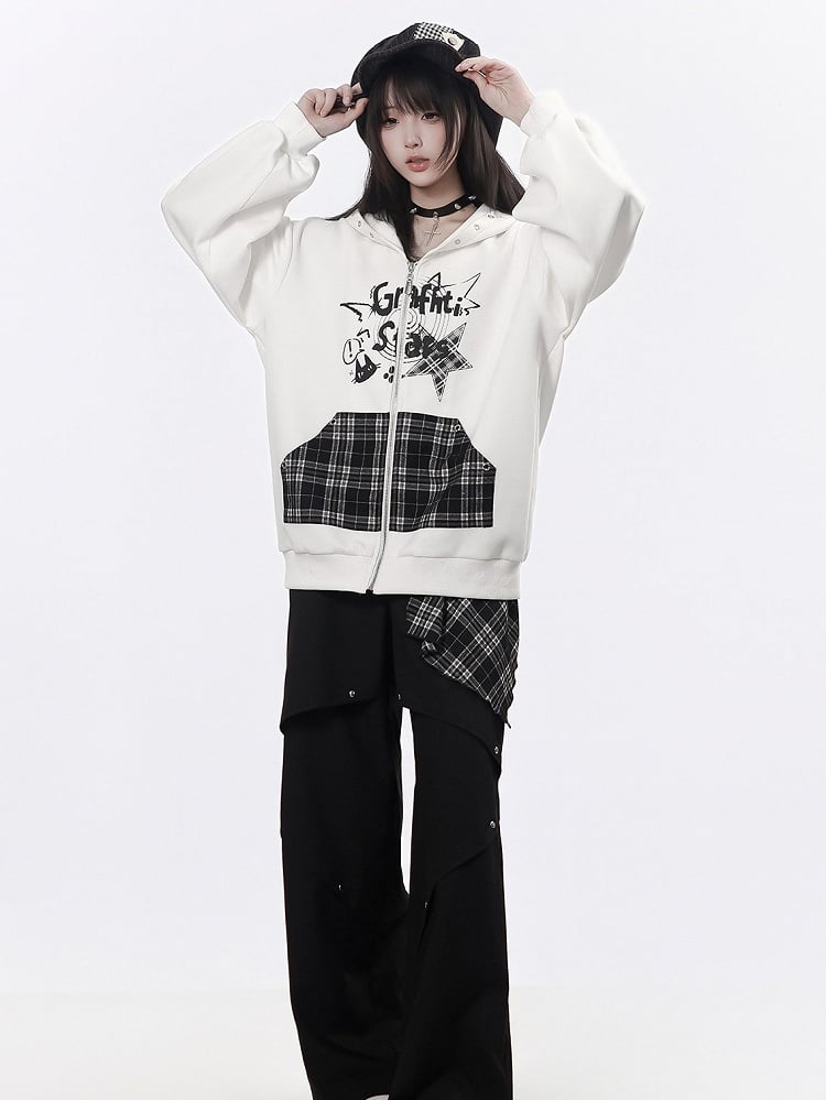 Zip-Up Hoodie with Graffiti Print, Metal Eyelets, Plaid Kangaroo Pocket in White - PINK SAVIOR