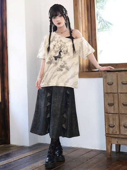 Ink Wash Print Chinese Gothic Black Midi Skirt with Ruffle - Quirky Hut