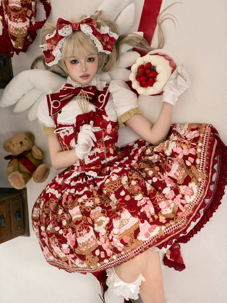JSK Details Lolita Sweet Bow Trim with and Lace Bear Print Red Cake Dress