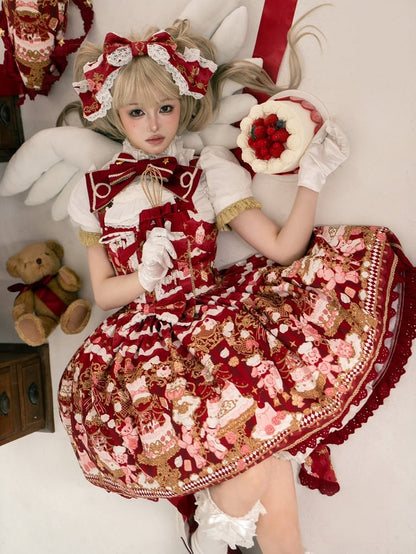 JSK Details Lolita Sweet Bow Trim with and Lace Bear Print Red Cake Dress