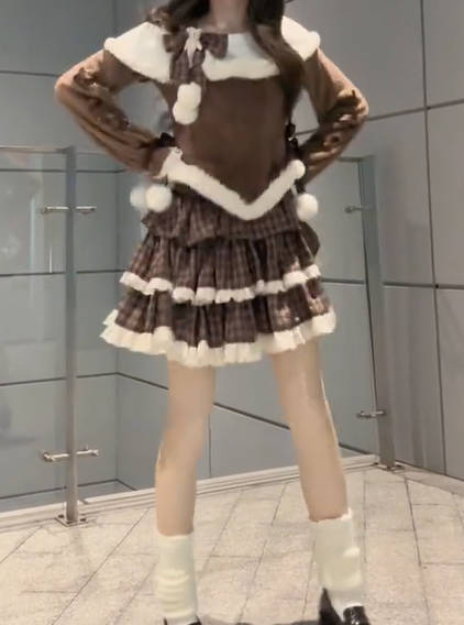 Top Shoulder Sweet Set Skirt Brown Cutout Plaid Lolita + Knit